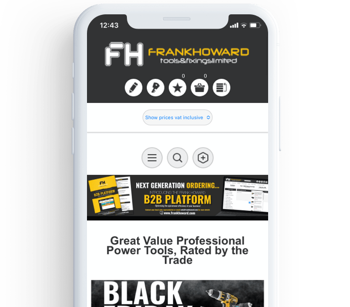 Screenshot of the Frank Howard Tools and Fixings website homepage on a white mobile device